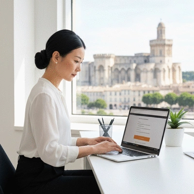 Person using a laptop to optimize an e-commerce website for SEO, with Avignon city landmarks in the background