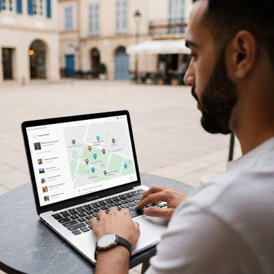 Person using a laptop to research local businesses in Provence, France
