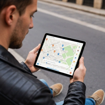 A person holding a tablet displaying a Google Maps search result, showing local businesses in Avignon, France