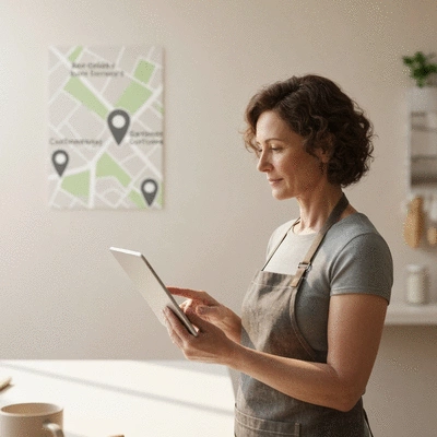 Artisan using a digital tablet to manage online presence, with a map showing local customers in the background, no text, no words, no typography, clean image