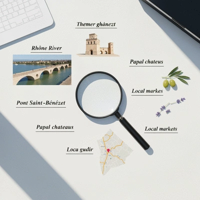 Creative flat lay of local keywords, magnifying glass, and Avignon map, no text, no words, no typography, clean image