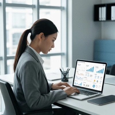 Person working on a laptop, showing website analytics and SEO metrics on screen, in a modern office environment, no text, no words, no typography, clean image