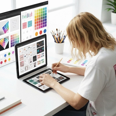 Person creating engaging content on a tablet with visual elements