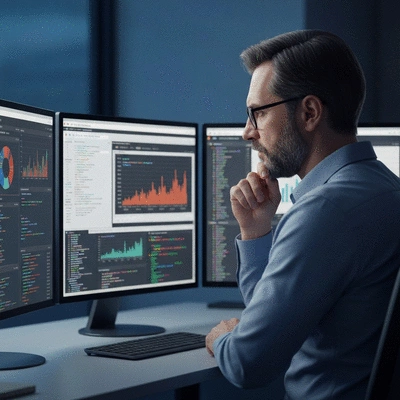 Webmaster working on multiple screens with code and website analytics, clean image