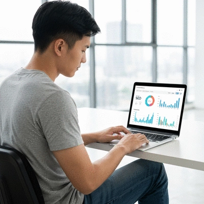 Person using a laptop with SEO analytics on screen