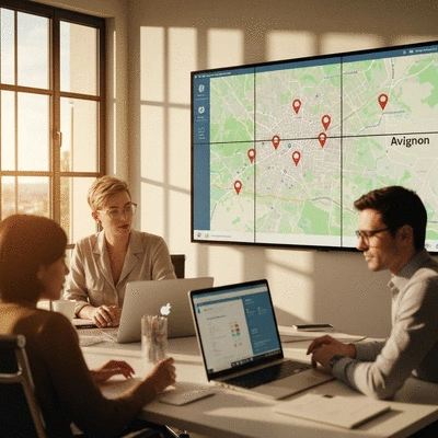 Digital marketing team discussing SEO strategies for an e-commerce business in a modern office, with a map of Avignon on a screen