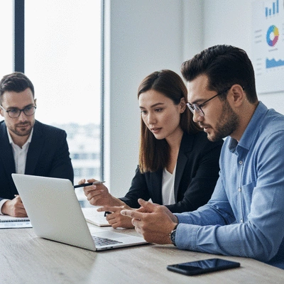 Business people discussing SEO strategy in a modern office, laptops and graphs visible, no text, no words, no typography, 8K