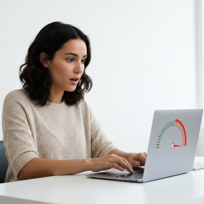 Person using a laptop with a speed meter on the screen, illustrating fast website loading