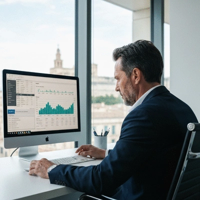 Professional analyzing SEO data on a computer screen in a modern office, Avignon in background, no text, no words, no typography, 8K