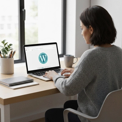 Person working on a laptop with a WordPress logo on the screen, illustrating CMS choice