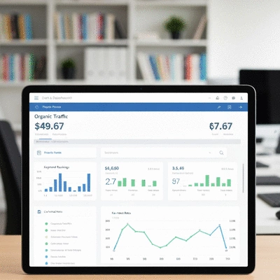 Close-up of a hand pointing at a data dashboard showing SEO metrics like organic traffic and keyword rankings