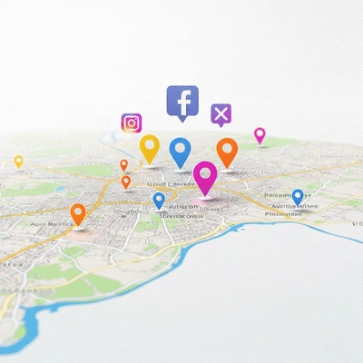 Une carte stylisée d'Avignon avec des épingles de localisation et des icônes de réseaux sociaux flottant au-dessus, fond clair