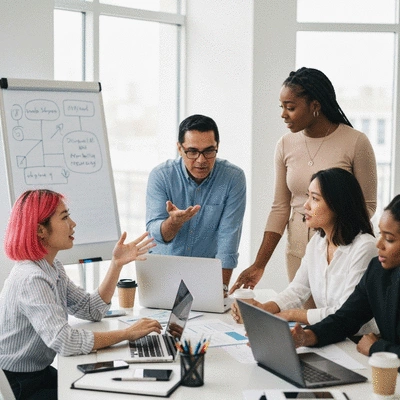 Diverse group of professionals collaborating on a digital marketing strategy in a modern office