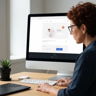 Webmaster working on a minimalist and AI-powered website design on a desktop computer, with a focus on user experience and accessibility, no text, no words, no typography, 8K