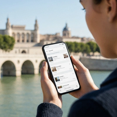 Person using a smartphone to search for local businesses in Avignon, with Avignon city landmarks in the background, no text, no words, no typography, no labels, clean image