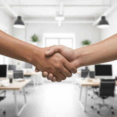 Two hands shaking, symbolizing a successful partnership or synergy, clean background