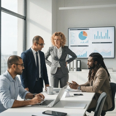 Modern office setting with a team collaborating on SEO strategy, showing charts and graphs on a screen