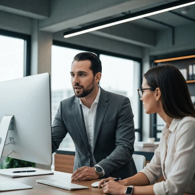 Expert en cybers&eacute;curit&eacute; expliquant des strat&eacute;gies sur un &eacute;cran d'ordinateur &agrave; un client, dans un bureau moderne.