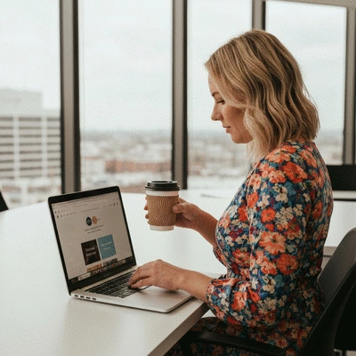 Person using a laptop with social media icons floating around, symbolizing SEO and social media synergy
