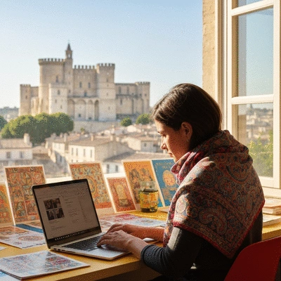 Person using a laptop to research SEO strategies in Avignon, with local landmarks in the background, clean image