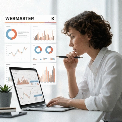 Webmaster analyzing market data on a laptop, with charts and graphs, clean image
