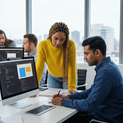 Team of web developers collaborating on a website redesign project, showing screens with code and design mockups. Modern office environment.