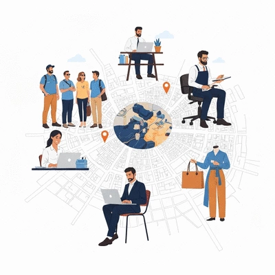 Diverse business types represented by icons on a map of Avignon, illustrating sector-specific SEO