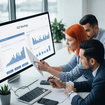 Team collaborating on SEO strategy, reviewing performance metrics on a dashboard