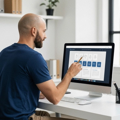 Person integrating social media icons into a website on a computer, showing SEO benefits, clean image