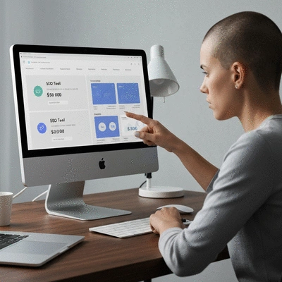 Person evaluating different SEO tools on a computer screen, comparing features and pricing