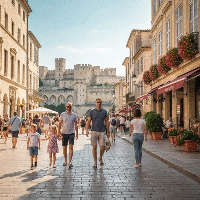 Tourists enjoying Avignon during peak season, historical buildings, sunny weather, no text, no words, no typography, 8K