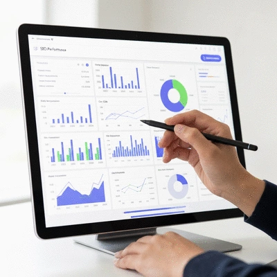 Person analyzing SEO performance data on a dashboard