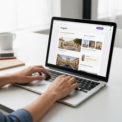 Hands typing on a laptop, displaying local search results and business reviews for Avignon