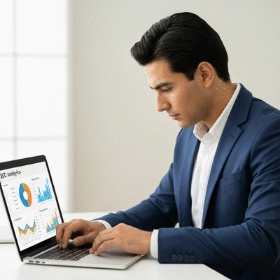 Person analyzing SEO and Google Analytics data on a laptop