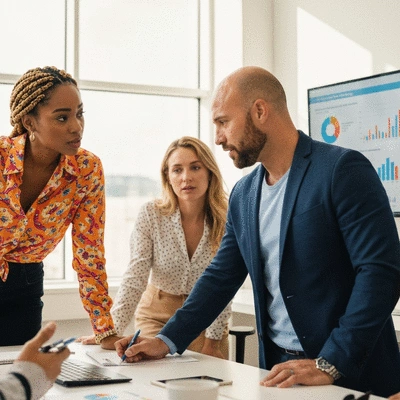 Modern office space with a team collaborating on a digital marketing strategy, showing charts and graphs on a large screen, no text, no words, no typography, clean image
