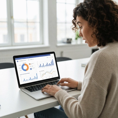 Data analytics dashboard showing local SEO performance metrics, charts, and graphs on a laptop screen, no text, no words, no typography, no labels, clean image