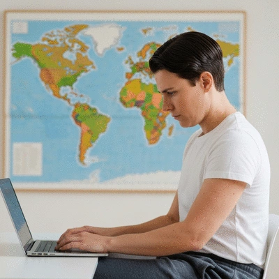 Personne travaillant sur un ordinateur portable avec une carte du monde en arrière-plan