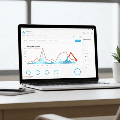 Graphique montrant une baisse de trafic due au chargement lent d'un site web sur un ordinateur portable avec des éléments d'interface utilisateur de performance web