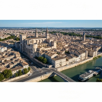 Vue aérienne d'Avignon avec le Palais des Papes, symbolisant la richesse culturelle et économique locale