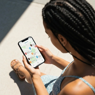 Person using a smartphone to search for local businesses, with a map and business pins on the screen.