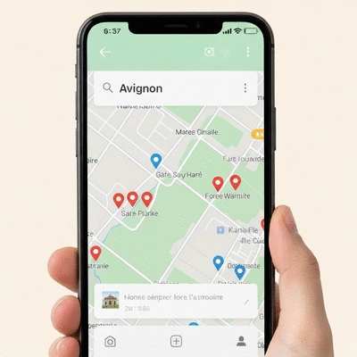 Map of Avignon with local business pins, smartphone showing local search results, no text, no words, no typography, 8K