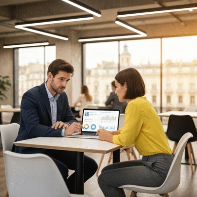 Two business people discussing local SEO strategy on a laptop, with Avignon cityscape in the blurred background