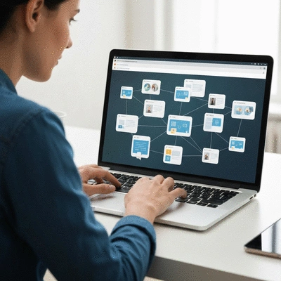 Person using a laptop with a complex network of interconnected websites on the screen, illustrating netlinking strategy in Avignon, no text, no words, no typography, clean image