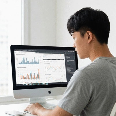 A person monitoring website performance metrics on a computer, showing graphs and data analysis