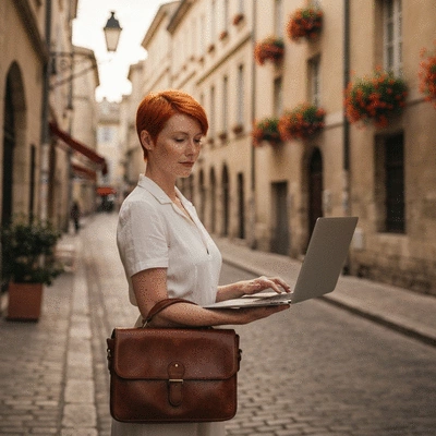 Person using a laptop to search for local businesses in Avignon, with a map on the screen