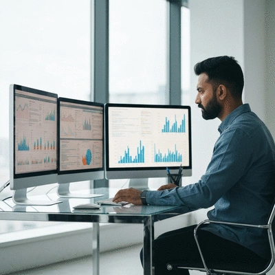 SEO expert analyzing data on multiple screens
