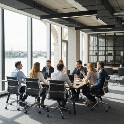 Team of SEO experts collaborating in a modern office setting in Avignon