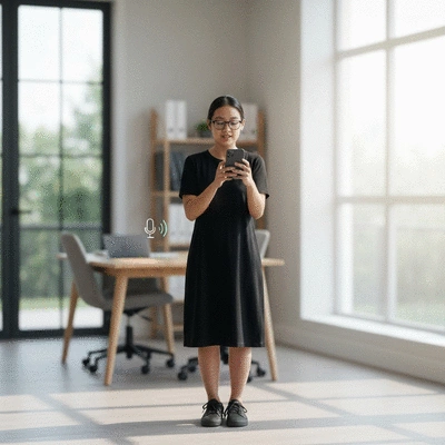 Person using voice search on a smartphone in a modern setting