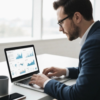 Expert SEO travaillant sur un ordinateur portable avec des graphiques de donn&eacute;es