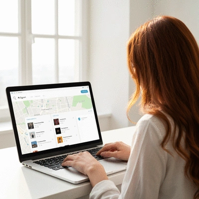 Person using a laptop to search for local businesses in Avignon, showing a map and local results